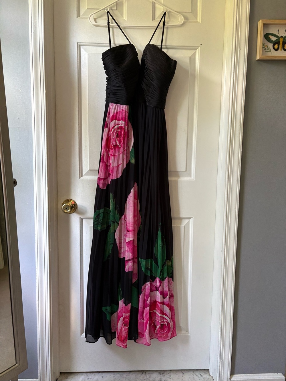Xscape Black Maxi Dress with Pink Rose Print
